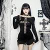 Goth Dark Sexy Lace Patchwork Cross Long Sleeve Pulloves T-shirts Y2K Women Streetwear Mall Gothic Slim Tops T-shirt