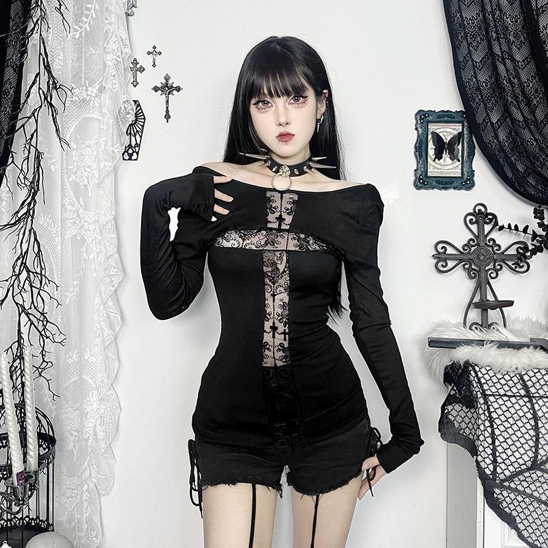 Goth Dark Sexy Lace Patchwork Cross Long Sleeve Pulloves T-shirts Y2K Women Streetwear Mall Gothic Slim Tops T-shirt