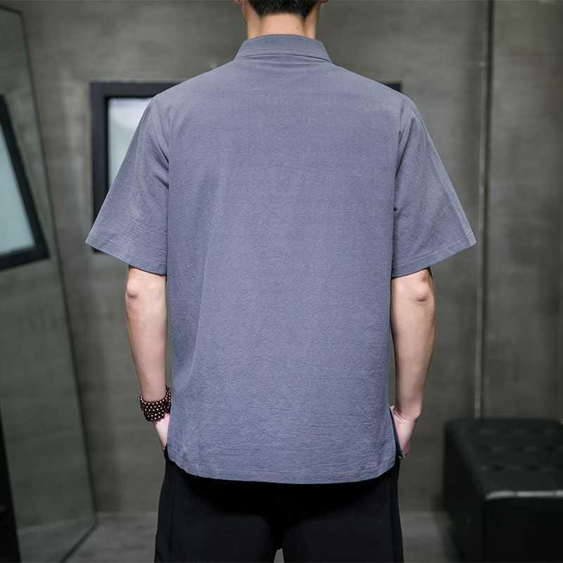 Men's Chinese Style Linen Shirt Short Sleeve Manin Collar Frog Button Casual Top