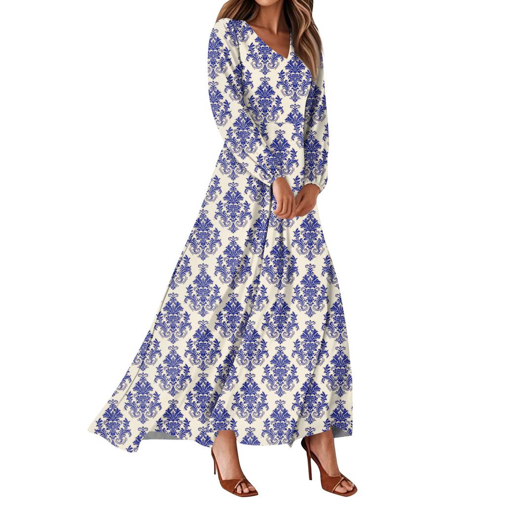 Dámské letní šaty Ležérní šaty maxi s dlouhým rukávem Roztomilé květinové šaty maxi Šaty pro svatebního hosta Vzdušné šaty