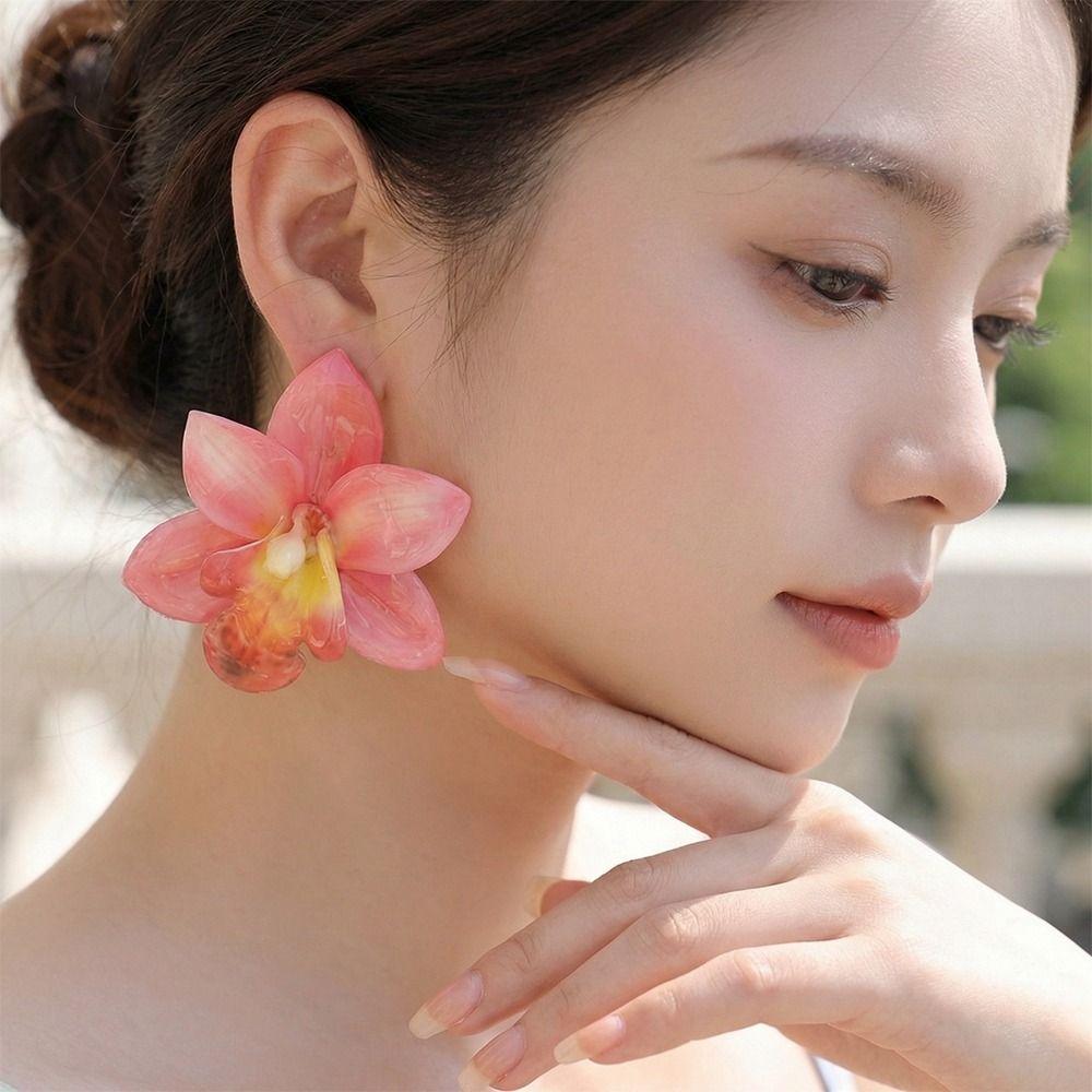 Silver Needle Flower Stud Earrings Epoxy Resin Vacation Style Earrings Women