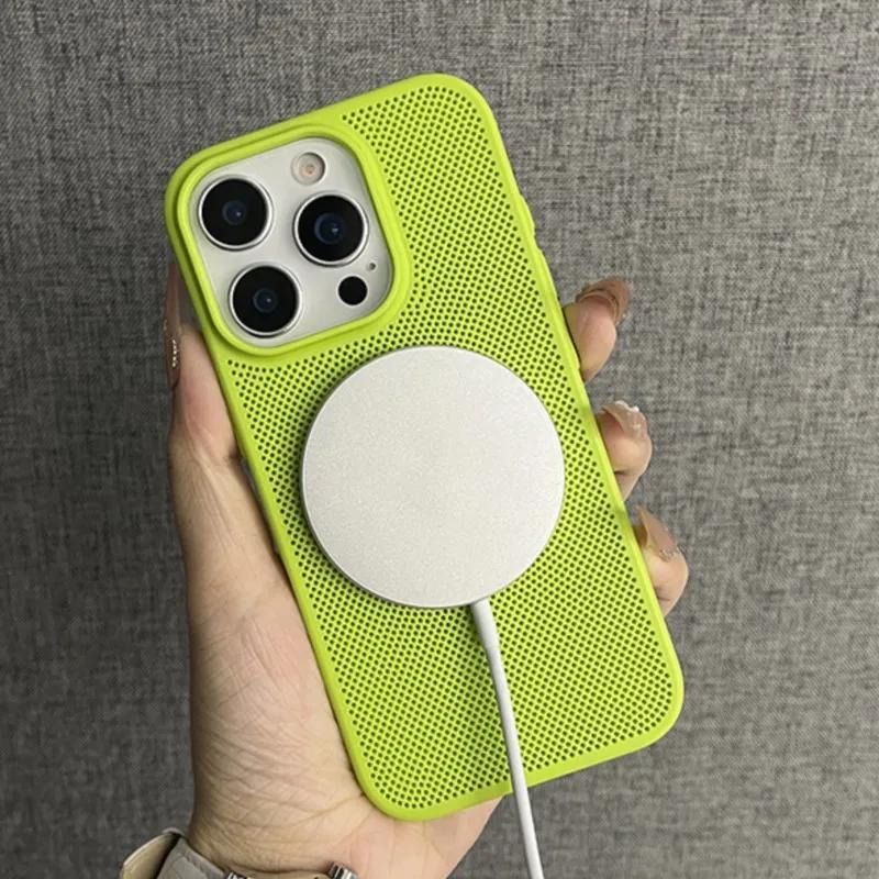 Luxury Mesh Hole Heat Dissipation Case for iPhone16 15 14 Plus 13 12 11 16Pro Max For Magsafe Wireless Charge Hard PC Thin Cover