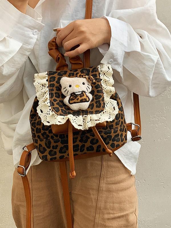 Korean Ruffle Lace Retro Leopard Print Girls' Kitten Backpack - Cute and Versatile Cartoon-Style Design