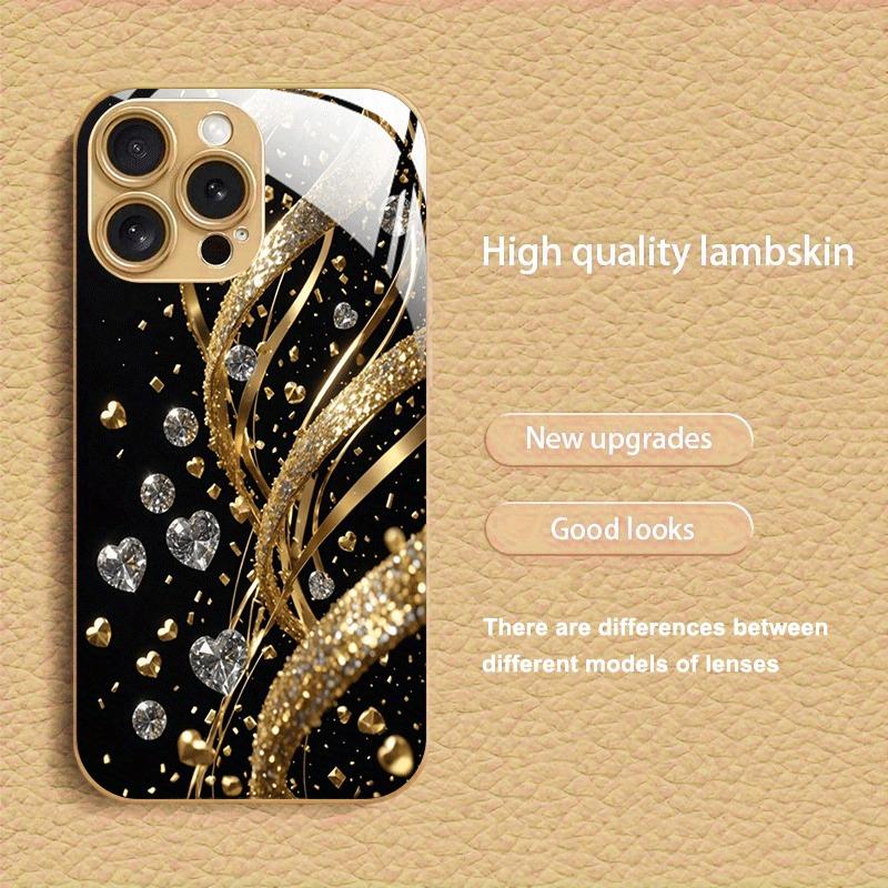 Goud Diamant Hartpatroon Gouden Metallic Verf Glazen Telefoonhoesje Voor iPhone 17 Pro Max 11 12 13 14 15 16 Plus 17 Air 16E Cover