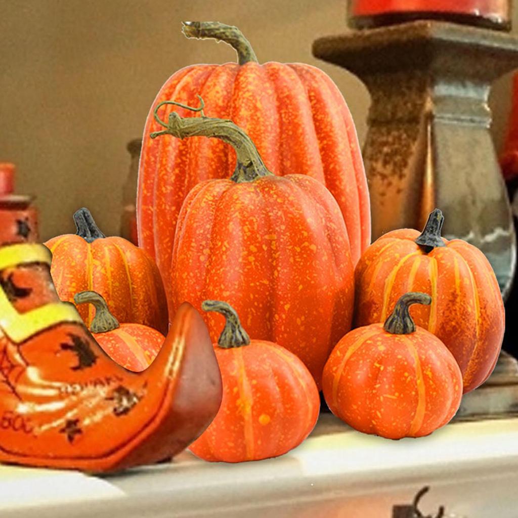 7pcs Assorted Size Orange Pumpkins Realistic Large Pumpkins Artificial Pumpkins Set for Halloween Thanksgiving