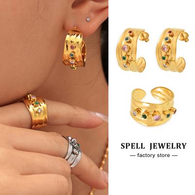 Multi Color Zircon Ring And Same Style Earrings In Stainless Steel 18k Gold Plated Wide Rings C Shape Stud Earring For Women