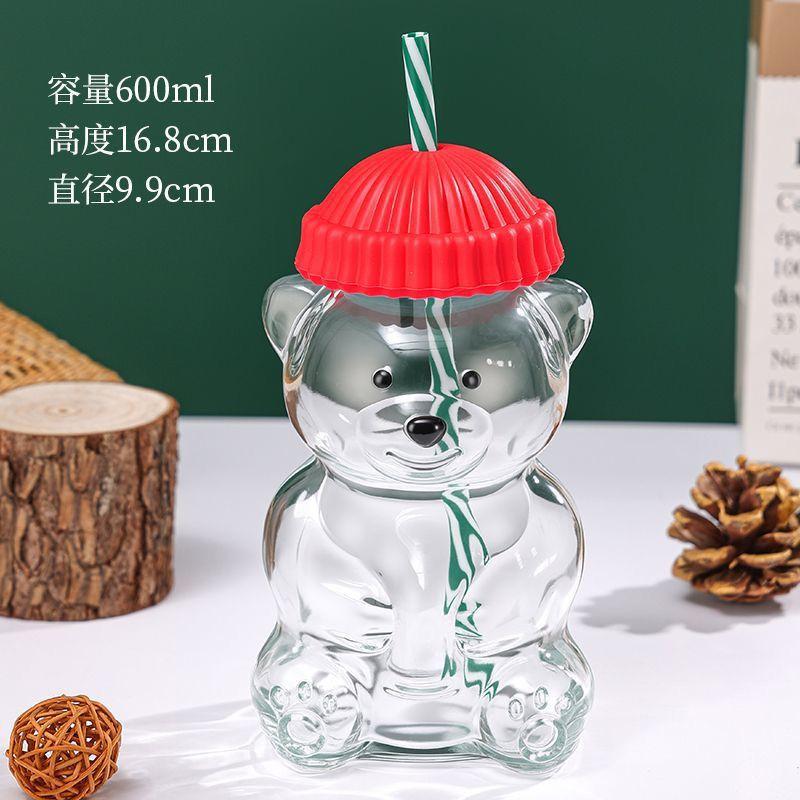 Creative Cute Bear Glass Cup, Transparent Water Cup with Lid, Office Cold Drink Juice Coffee Cups, Christmas Gift Straw Cup