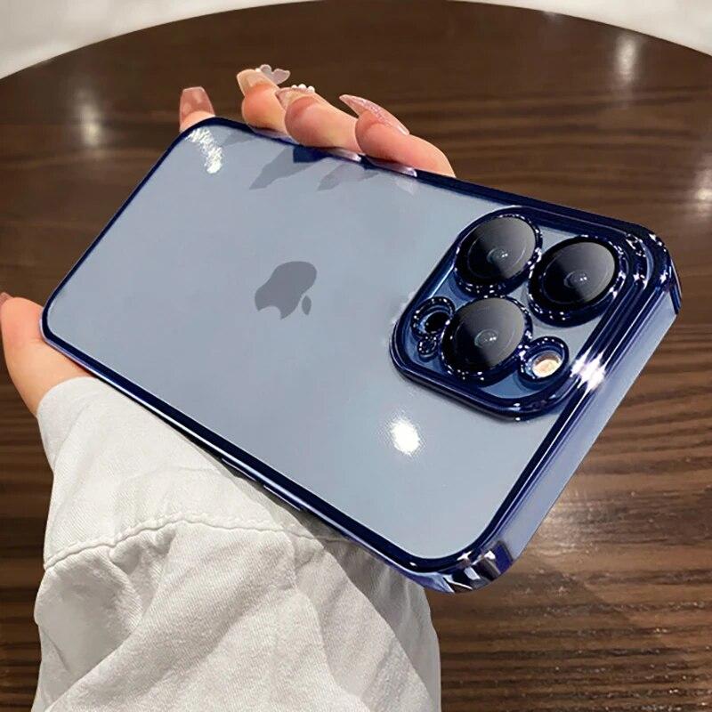 Official Original Lens Film Protect Phone Case For IPhone 11 12 13 14 15 Pro Max Plus Mini XS XR X Square Plating Clear Cover