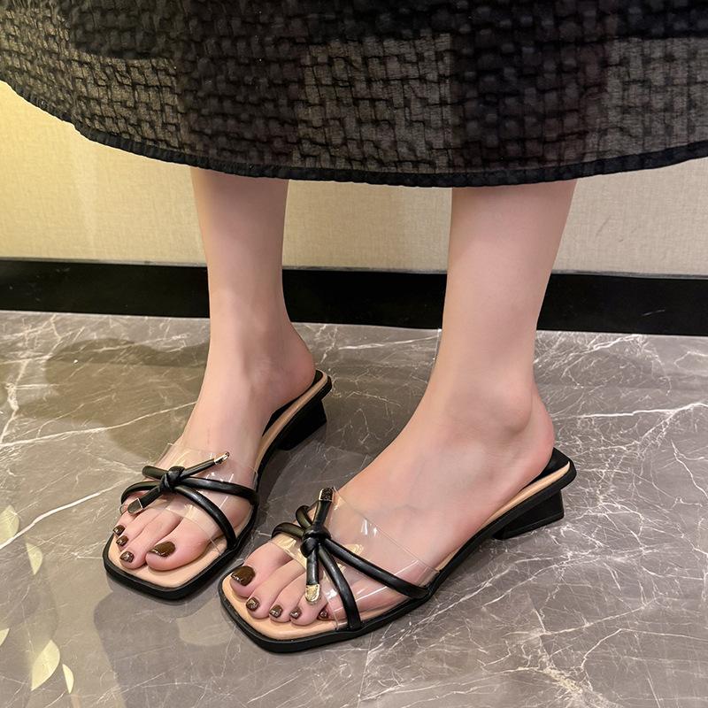 Transparent sexy outer slippers 2025 summer new bow fairy style thick heel square head open toe sandals