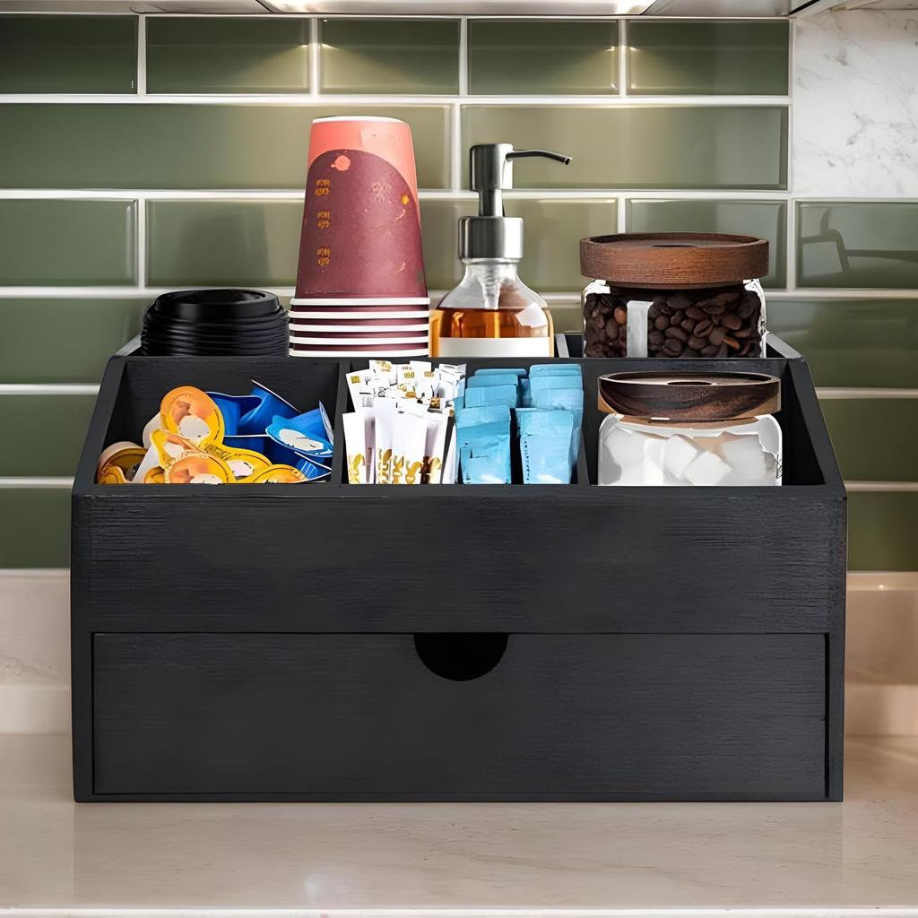 Coffee Counter Organizer Wooden Sugar Basket Multipurpose Desk Coffee Counter Organizer With Drawer For Dorm Studio Breakroom