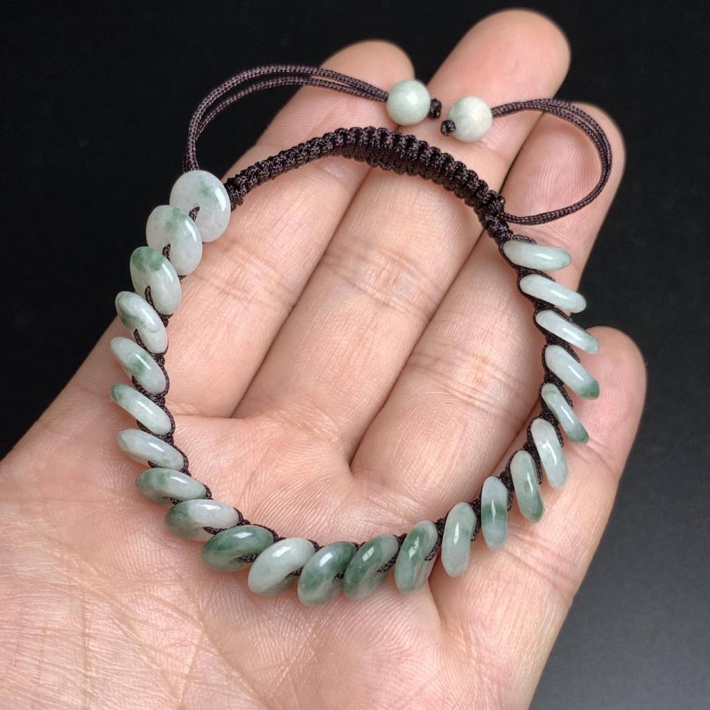 Hand-Woven A-Grade Burmese Jade Ping An Kou Bracelet with Ice Seed and Floating Flowers for Men and Women