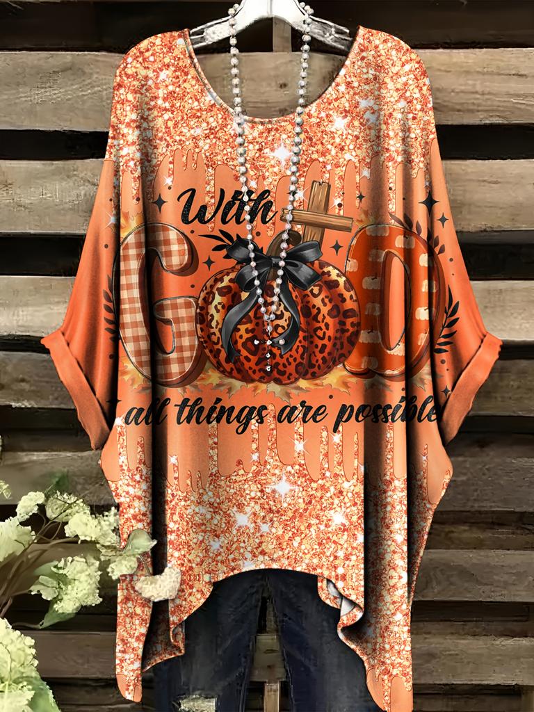 Summer elegant vacation style large size simple casual creative Halloween pumpkin pattern print dovetail round neck T-shirt