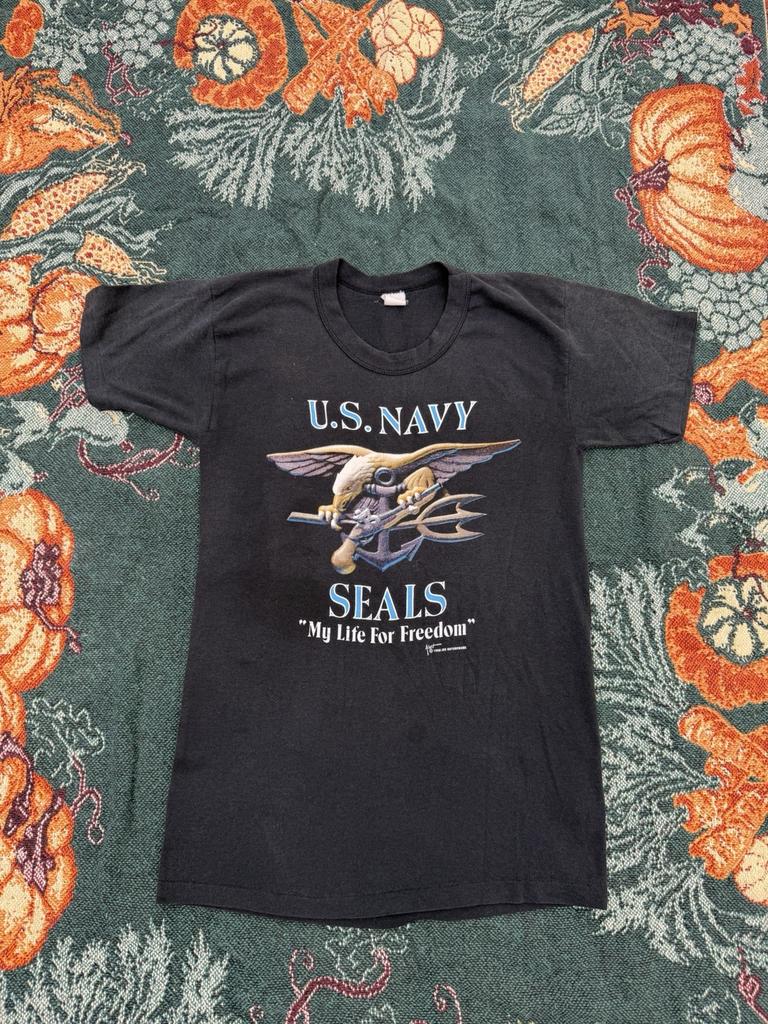Maglietta Uomo Vintage Anni '80 Navy Seals USA Militare America Nera Taglia Media Unisex
