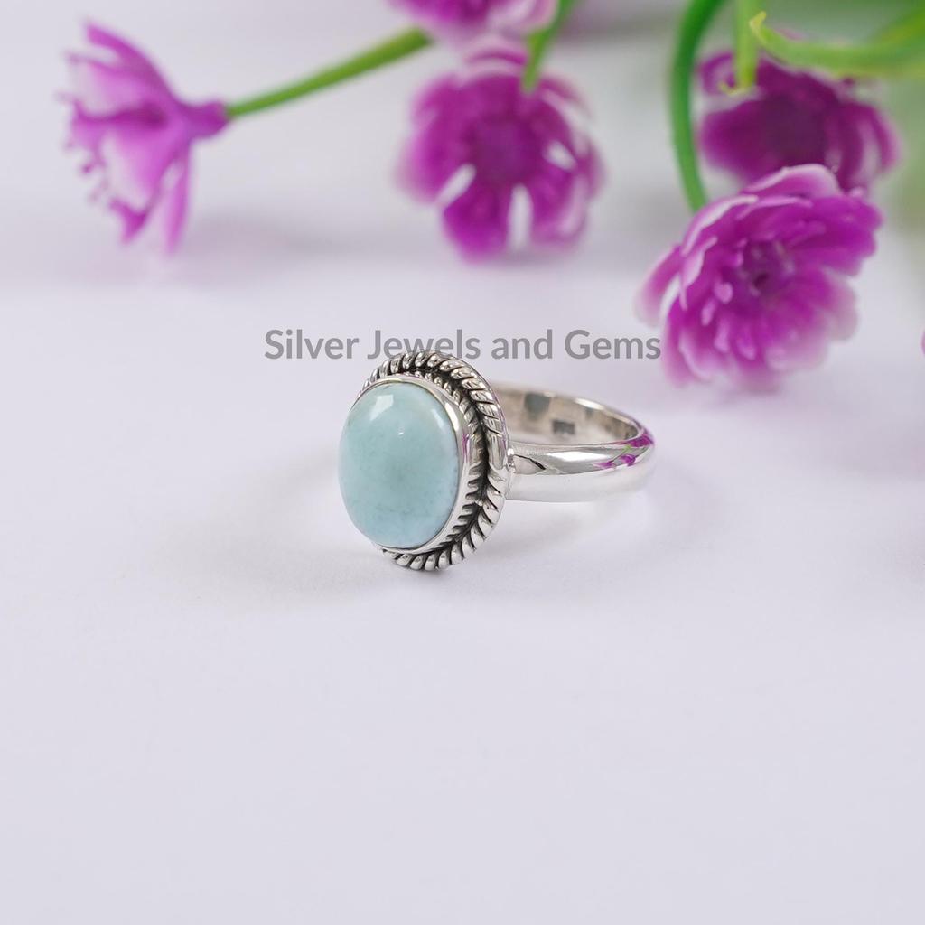 Natural Larimar Ring, Handmade Oval Gemstone Ring, 925 Sterling Silver Ring, Twisted Wire Ring, Birthday Ring