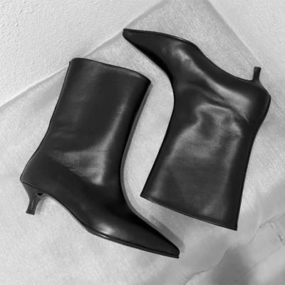 Fashion Fashion Black Pointed Toe Cat Heel Mid Calf Boots for Women Soft Leather PU Design Low Heel Wide Mouth French Style Ankle Boots