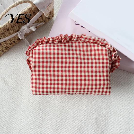 Makeup Organizer Bag Small Ruffled Grids Pouch, Portable Travel Cosmetic Bag, Fashionable Storage Case Lightweight Zippered Pouch for Toiletries