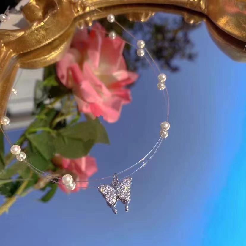 Invisible Line Butterfly Pearl Choker Necklace For Women Bride Wedding Party Jewelry Collares
