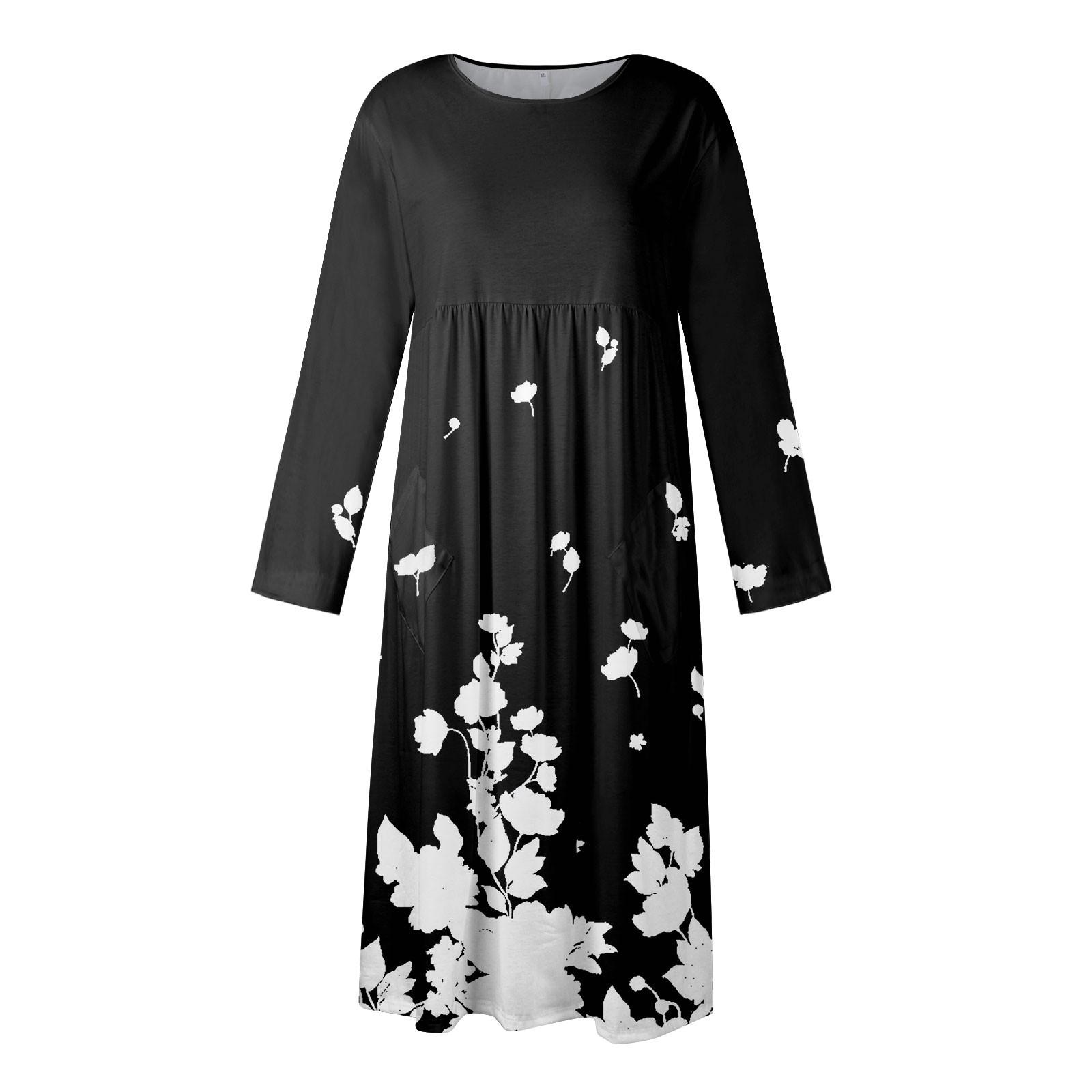 Женское повседневное платье средней длины с круглым вырезом и принтом — фото 4