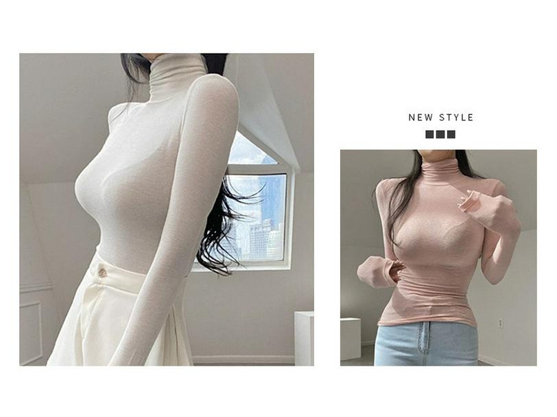Women's Korean Slim Fit High Neck Long Sleeve T-Shirt