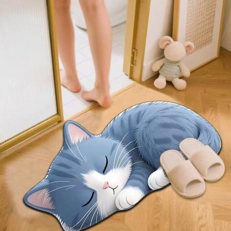 Floor Mat Non-Slip Backing Cat Design Easy Maintenance Versatile Rug Living Room Bathroom Kitchen Home Decor