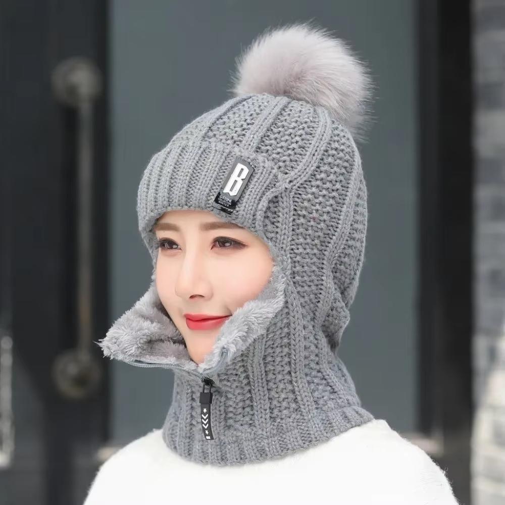 Casual Windproof Wool Knitted Hat Neck Warmer Thickened Ear Protection Hat Keep Warm Pompoms Hat for Women
