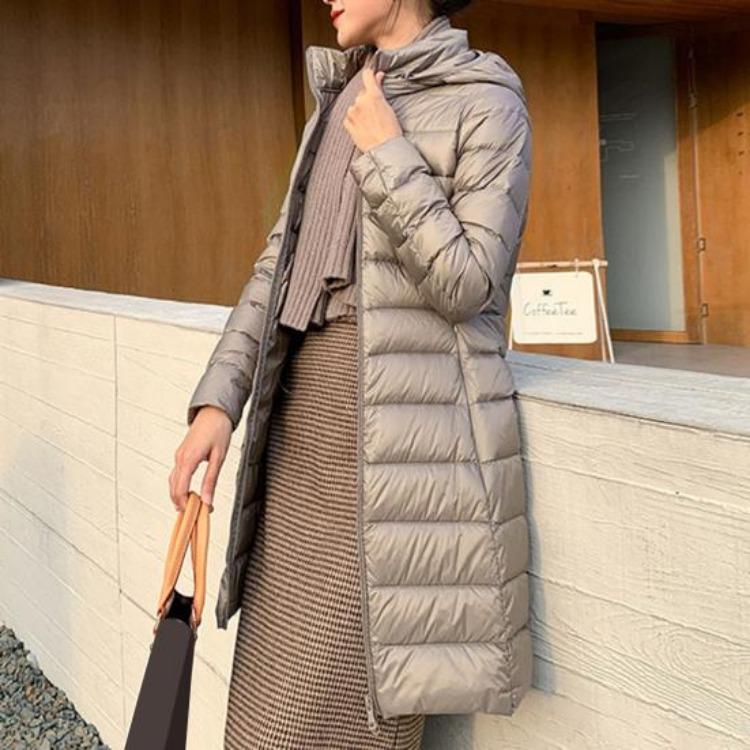 Women Plus Size Winter Down Coat Slim Fit Mid Length Hooded Windproof Warm Padded Long Sleeves Solid Color Zipper Closure