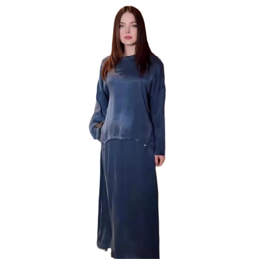 2024 Spring Women's Retro Solid Color Set: Loose Top & Midi Skirt