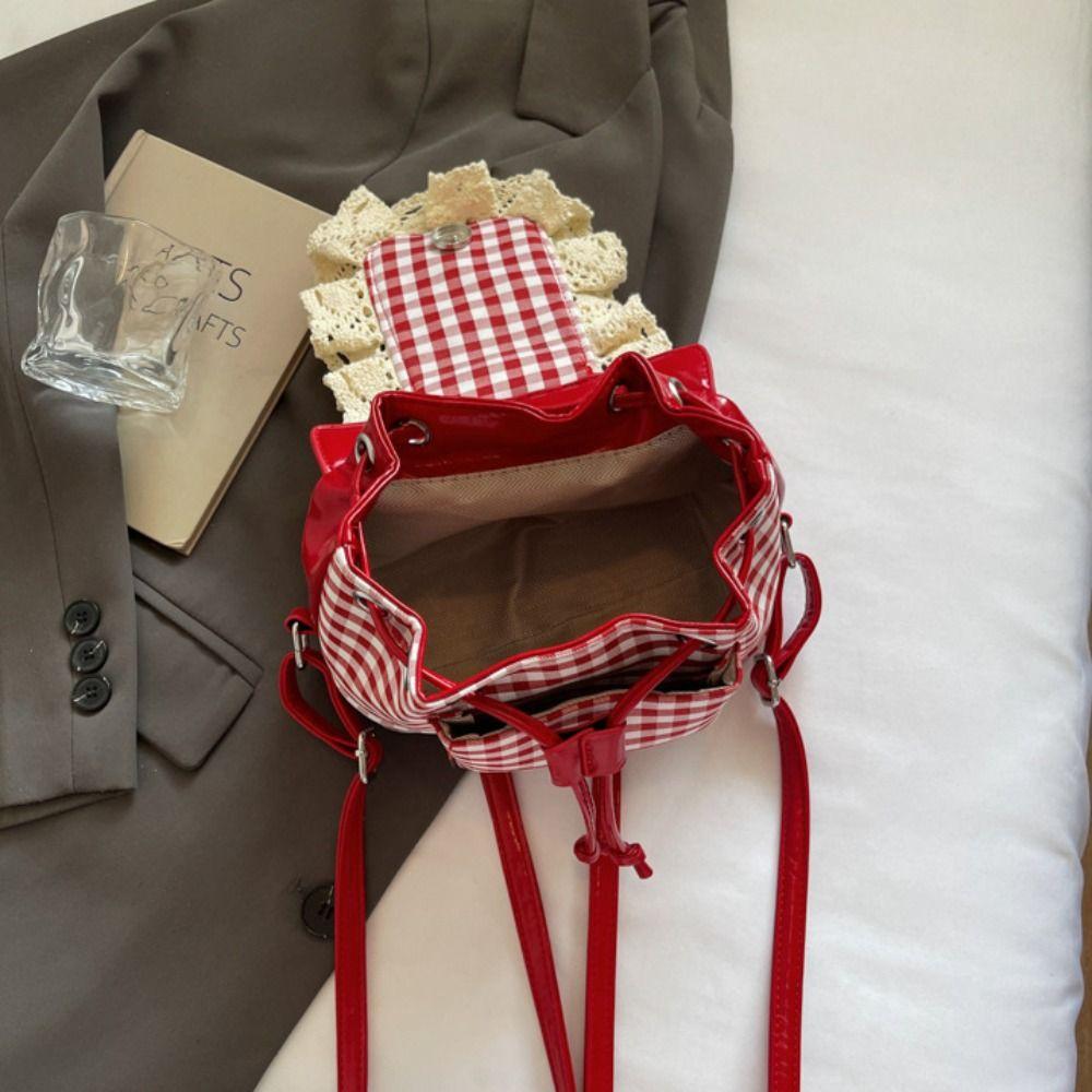 Canvas Lace Plaid Backpack Korean Style Bow Shoulder Bag Multi Functional Cherry Backpack  College