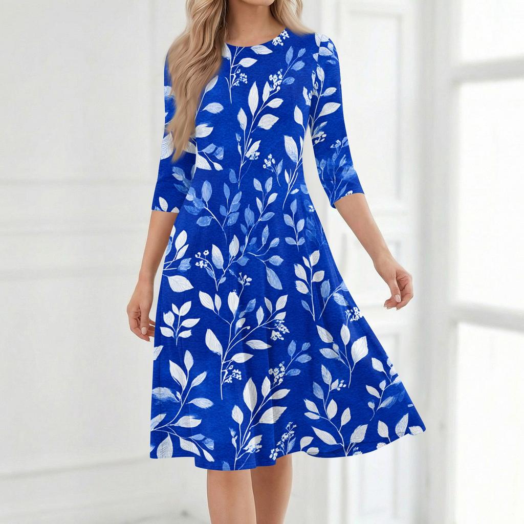 Women’s Casual Floral Print Crew Neck Three Quarter Sleeve Midi Dress Loose Fit Soft Fabric Mid Length Design