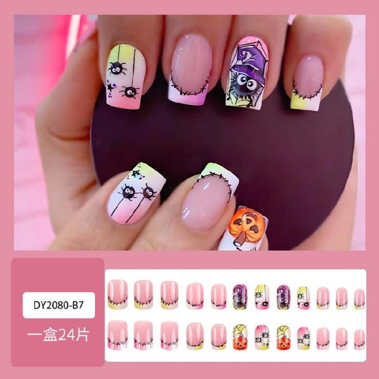 Künstliche Nägel Quadratisch Französische Spitzen Falsche Nägel Acrylnägel Spinnen Aufkleber Nägel für Damen Halloween Press-on Nägel Damen