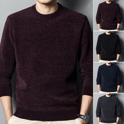 Men Fall Winter Sweater Thick Plush Lined Round Neck Knitted Solid Color Elastic Pullover Loose Keep Warm Work Business School Sweater