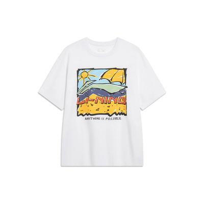 Lining Sports Life Cartoon Print Round Neck Short Sleeve T-Shirt Unisex Tops White AHST543-1