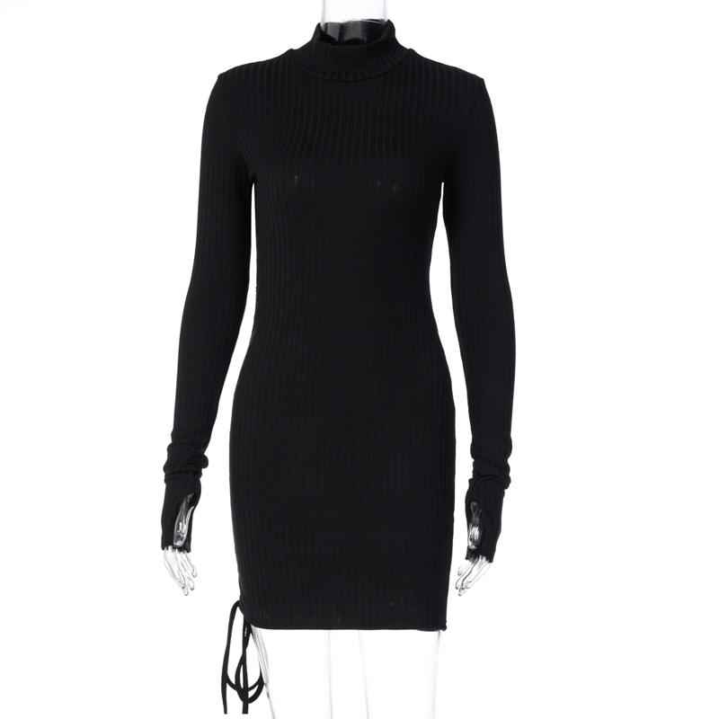 Langarm Rippen Geraffte Bandage Sexy Mini Kleid Herbst Winter Frauen High Neck Gestrickte Reine Party Elegante Outfits