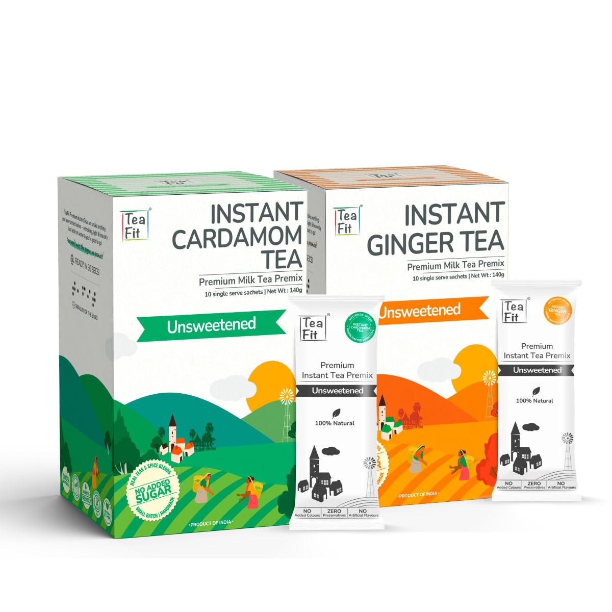 TeaFit Premium ZERO SUGAR Instant Cardamom & Ginger Tea Premix Pack (10 Sachets each) | Instant Milk Tea Powder | Strong Elaichi & Adrak Kadak Chai