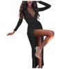 Women's Solid Color V-neck Shiny Sexy Dress Slim Long-sleeved Dress Long Dress