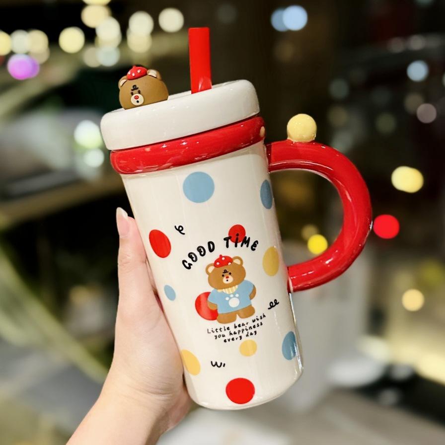 Cartoon Straw Cup Large Capacity Ceramic Drinking Cup with Lid Cute Animal Breakfast Milk Cup Souvenir