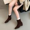 Inre höjdökning 4 cm retro mocka små korta stövlar sidodragkedja fyrkantig tå temperament elastiska tunna stövlar