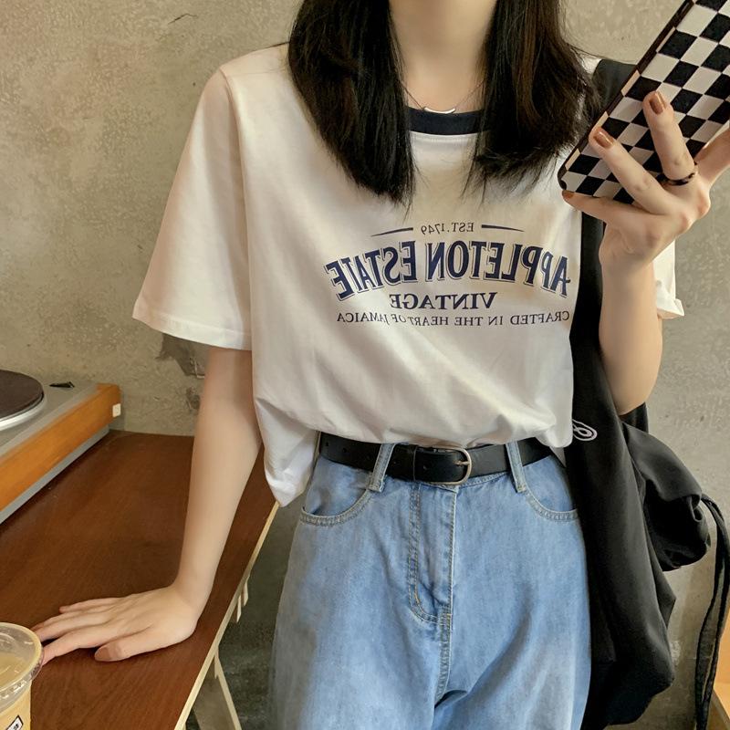 Contrast Color Round Neck Short Sleeve T-shirt for Women's Summer Letter Printing Loose Short Retro Student Top