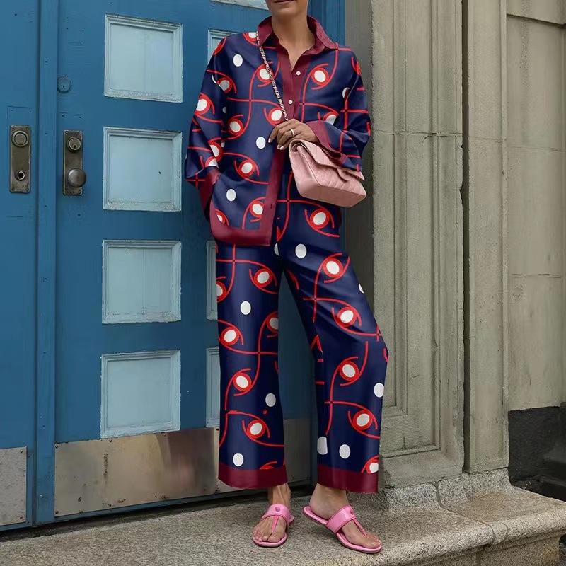 Grünes geometrisches Print Damenhemd und Wide Leg Hosen Kombinationsset