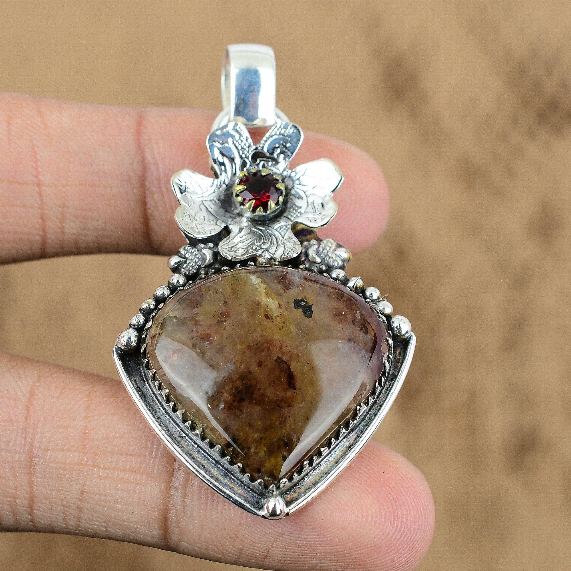 

925 Silver Pear Elestial Quartz Gemstone Mozambique Garnet New Flower Pendant
