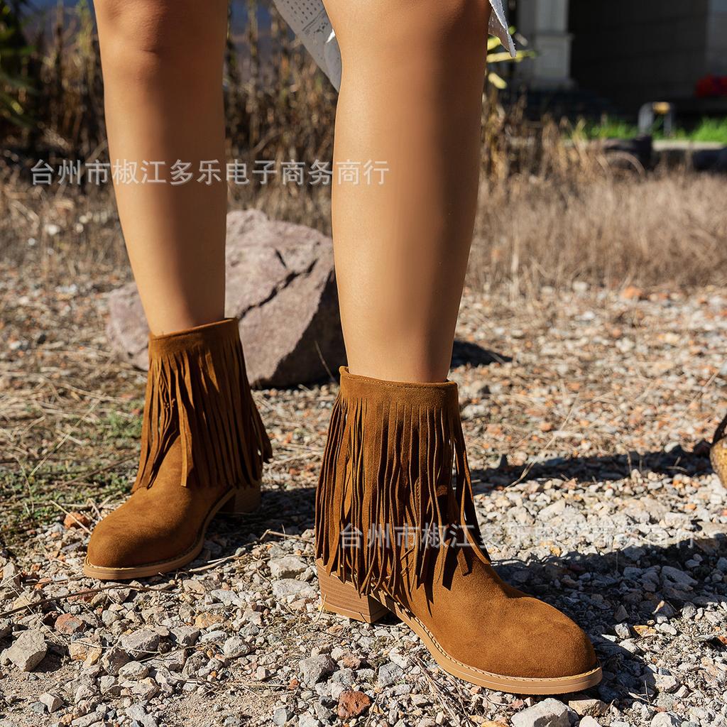2025 direct sales European and American large-size foreign trade round head fringed fashion short boots women's autumn and winter fashion boots