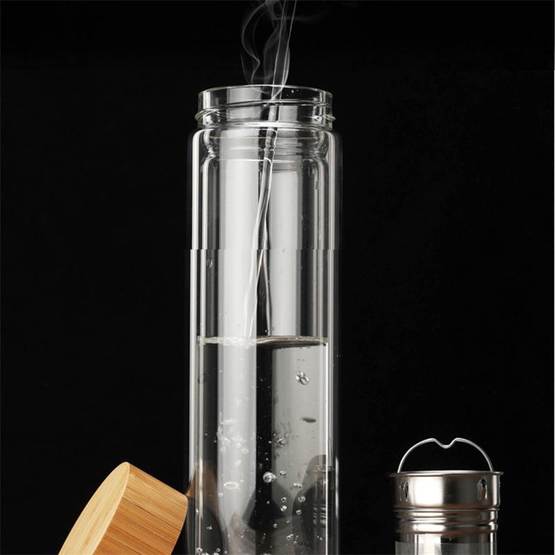 450ml 500ml Travel Glass Water Bottle with Stainless Steel Tea Infuser Filter Double Wall Glass Bottle Tumbler Bamboo Lid