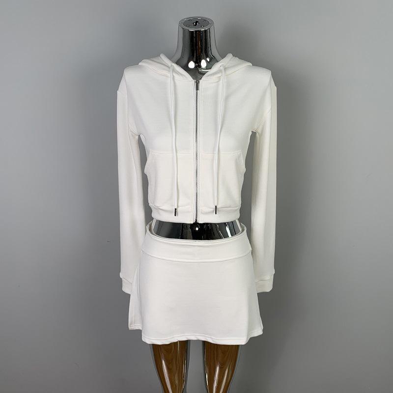 Korean Slim Sexy Cropped Hooded Cardigan & Low-Rise Skirt Set for Women