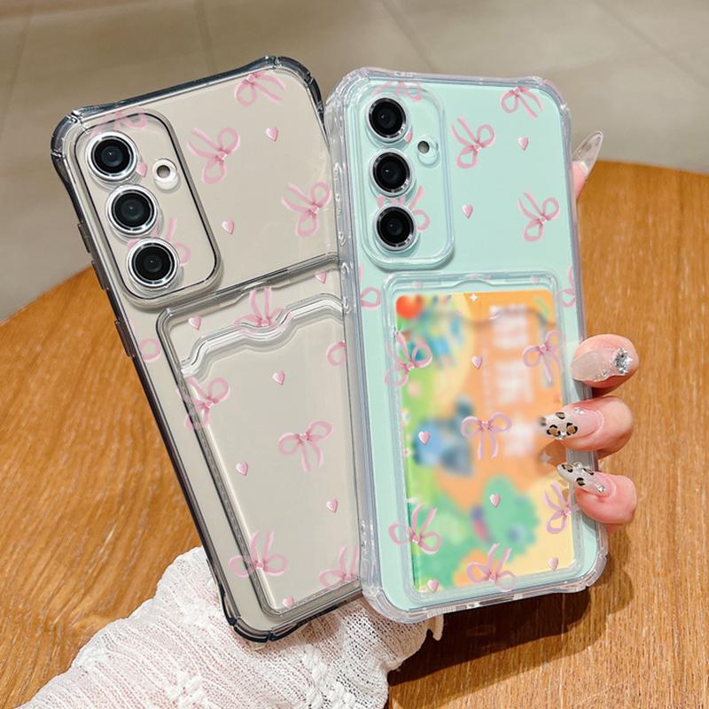 Pink Bowknot Print Clear Card Slot Slim Case für Samsung S25 S24 FE S23 Ultra S22 A36 A56 A55 A16 A06 A15 A26 Weiche Silikon Stoßfeste Telefonabdeckung