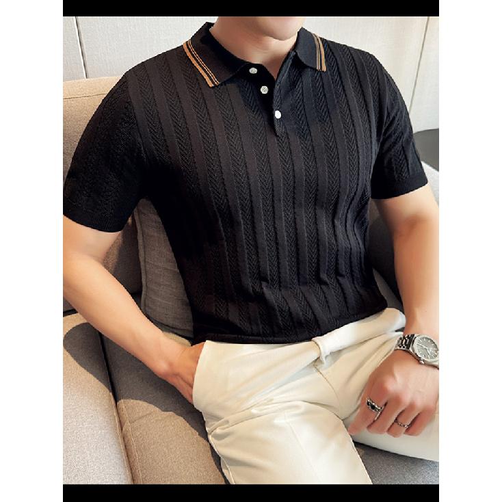 American Style Half-Zip Mercerized Cotton Ice Silk Polo Shirt Men High-End Striped Slim Fit Short Sleeve Sweatshirt Turn-Down Collar Workwear T-Shirt