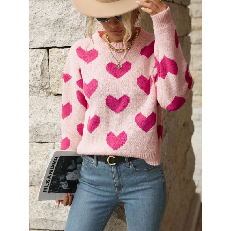 VEZFAA Damenmode Lässig Herbst Winter Liebesbrief-Druck Langarm O-Ausschnitt Pullover