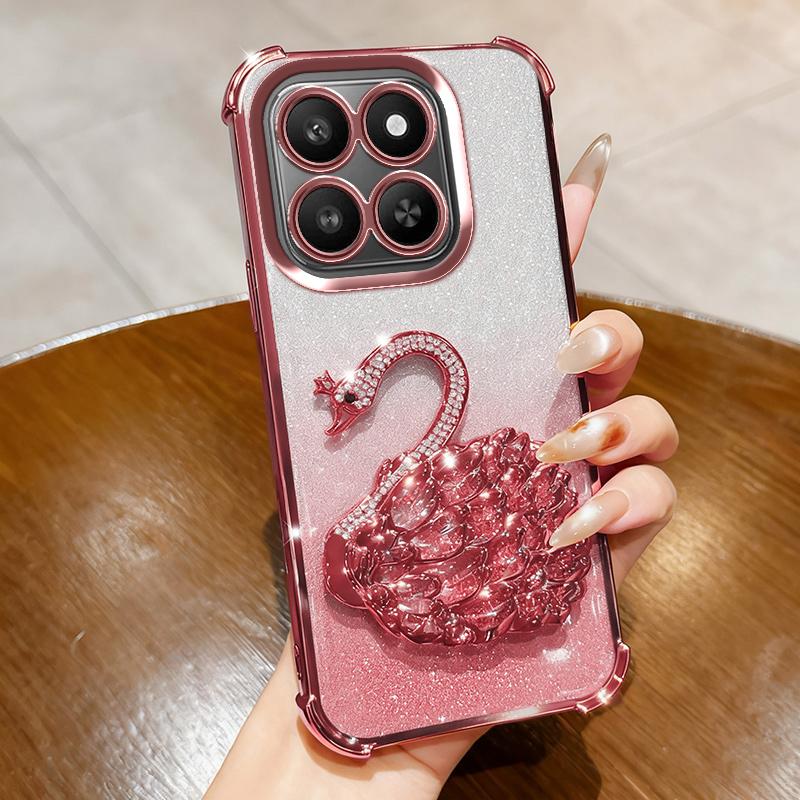 KEYSION Shockproof Plating TPU Phone Case for HONOR X7d 5G Glitter Jewelled Swan kickstand Back Cover for Honor 400 Smart 5G
