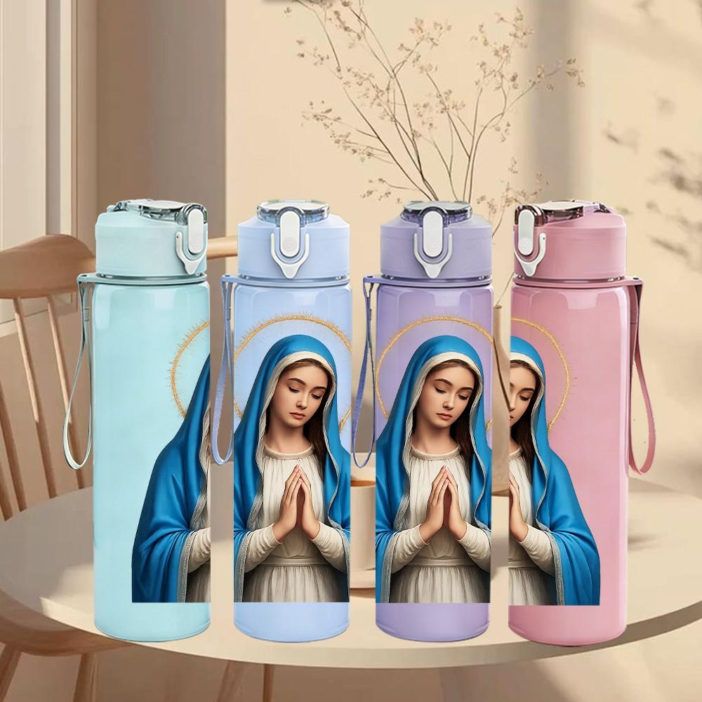 1PC Virgin Mary Holy Portrait Print 750ml Color Plastic Sports Water Bottle Leakproof Flip Straw Lid Suitable for Sports Office Home Use
