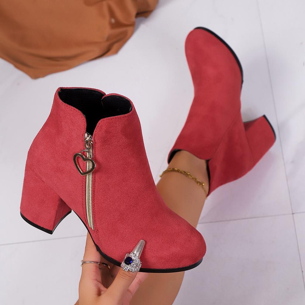Women Fashion Flocks Short Boots Lady High Thick Heel Casual Boots Female Side Zipper Ankle Boots Women Office Work Boots