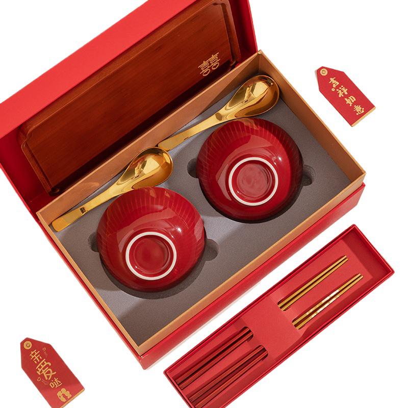 Double Happiness Wedding Bowl & Chopsticks Set: Creative Red Ceramic Gift for Newlyweds